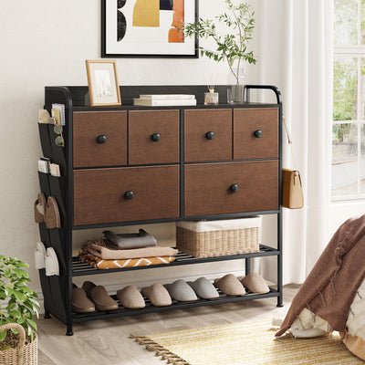 REAHOME 6 Fabric Drawer Dresser with 2 Tier Storage Shelf & Pockets, Espresso