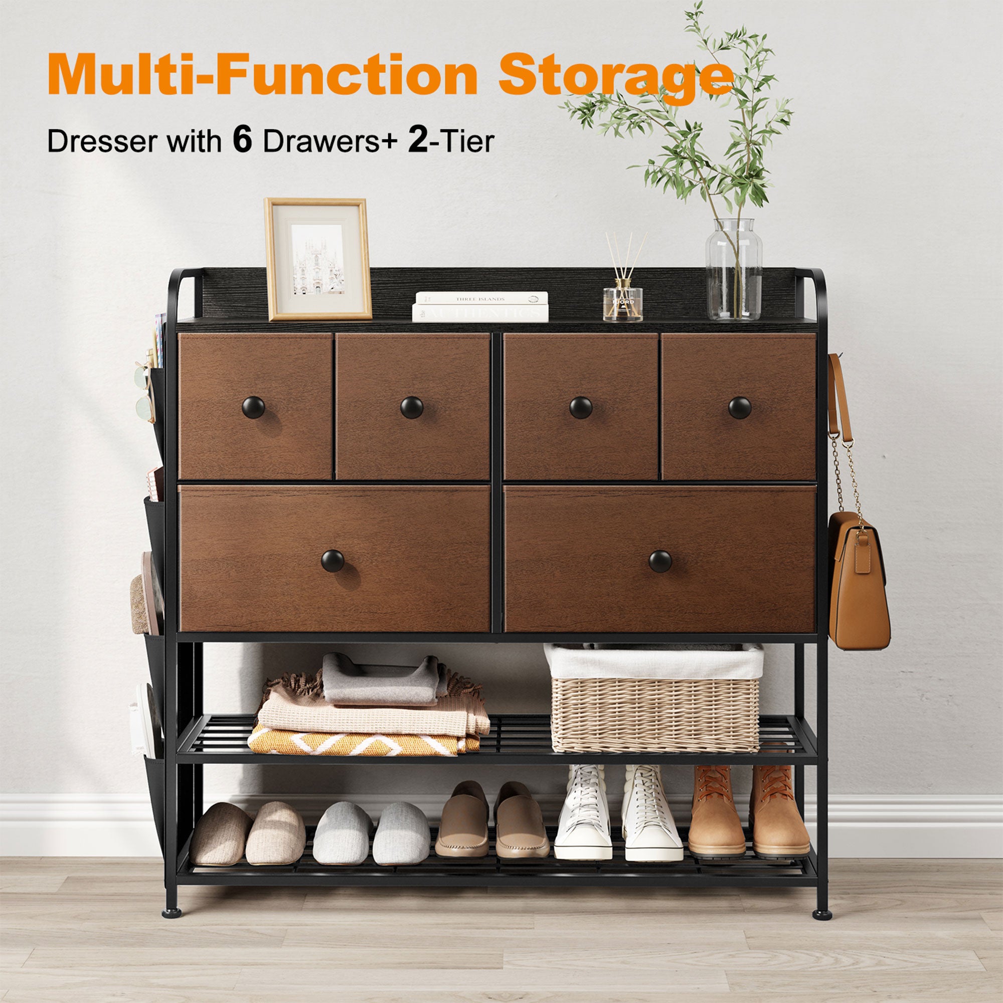 REAHOME 6 Fabric Drawer Dresser w/2 Tier Storage Shelf & Pockets, Espresso(Used) - VMInnovations