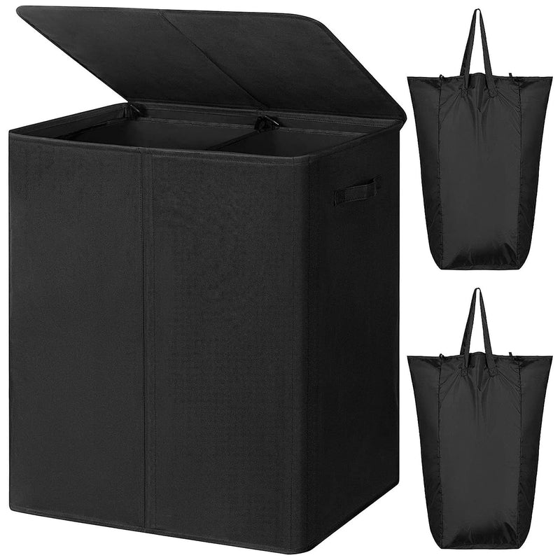 WOWLIVE 154L Fabric Double Hamper w/Lid and Removable Bags, Black (Open Box)