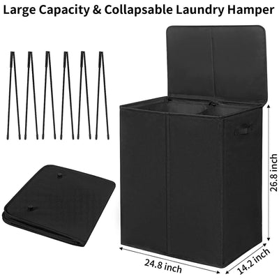 WOWLIVE 154L Fabric Double Laundry Hamper with Lid and Removable Bags, Black - VMInnovations