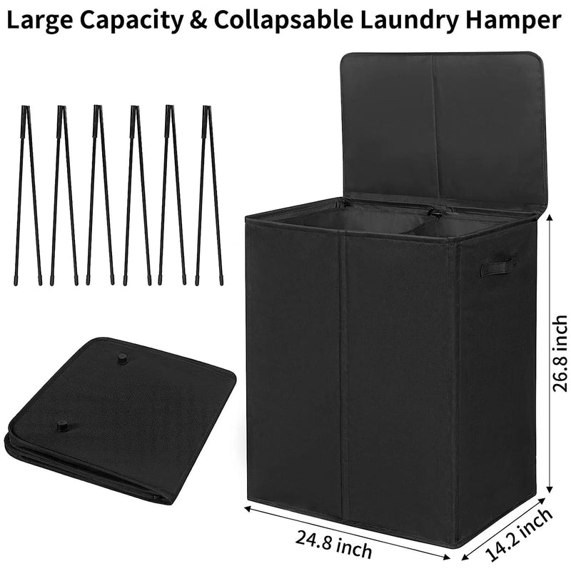 WOWLIVE 154L Fabric Double Hamper w/Lid and Removable Bags, Black (Open Box)