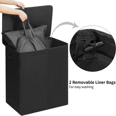 WOWLIVE 154L Fabric Double Hamper w/Lid and Removable Bags, Black (Open Box)