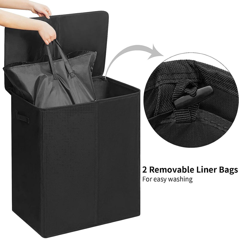 WOWLIVE 154L Fabric Double Laundry Hamper with Lid and Removable Bags, Black