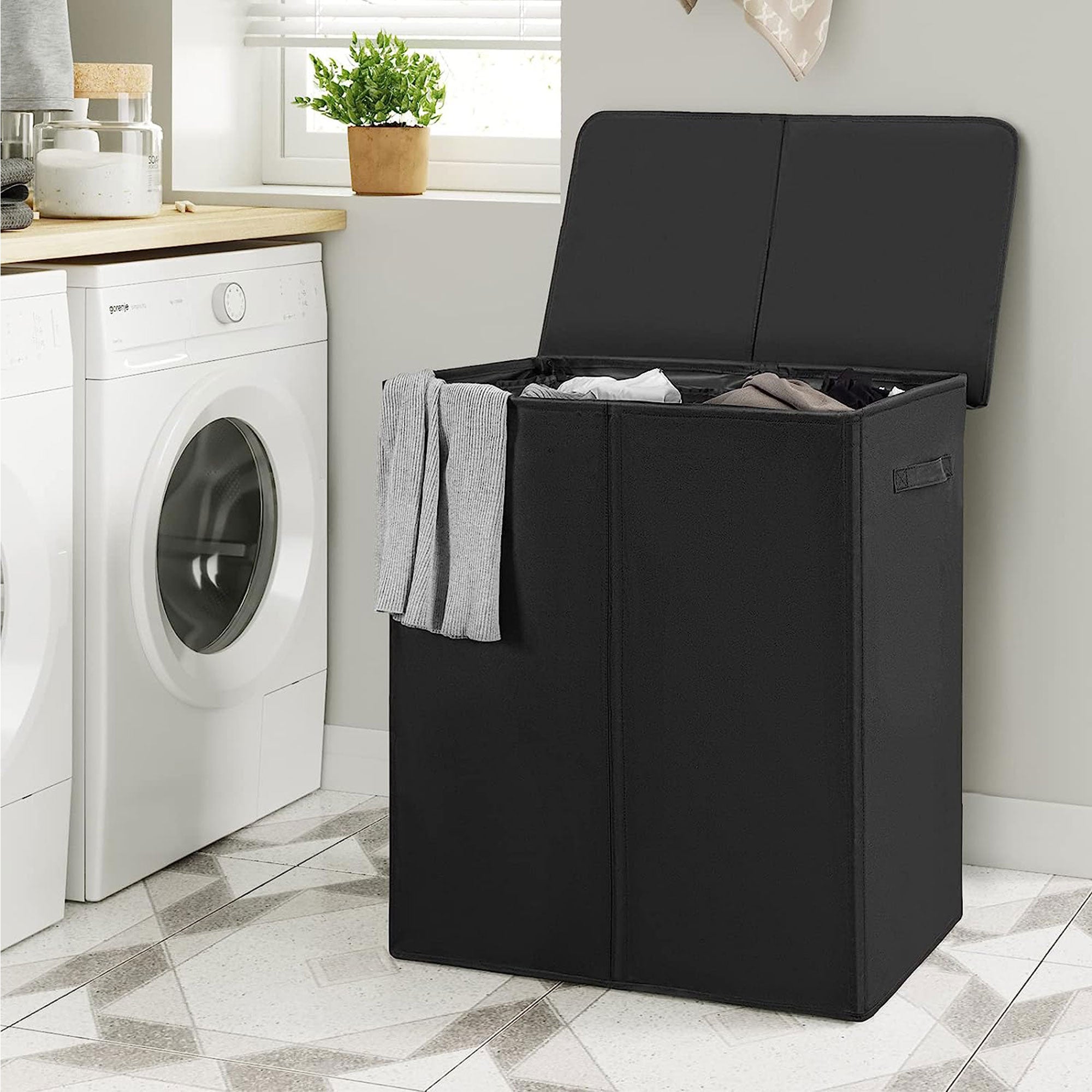 WOWLIVE 154L Fabric Double Hamper w/Lid and Removable Bags, Black (Open Box) - VMInnovations