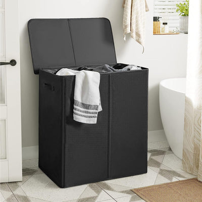 WOWLIVE 154L Fabric Double Hamper w/Lid and Removable Bags, Black (Open Box)