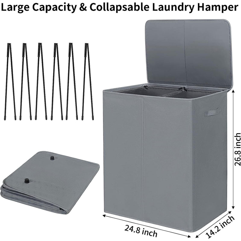 WOWLIVE 154L Fabric Double Laundry Hamper w/Lid & Removable Bags, Gray (Used)