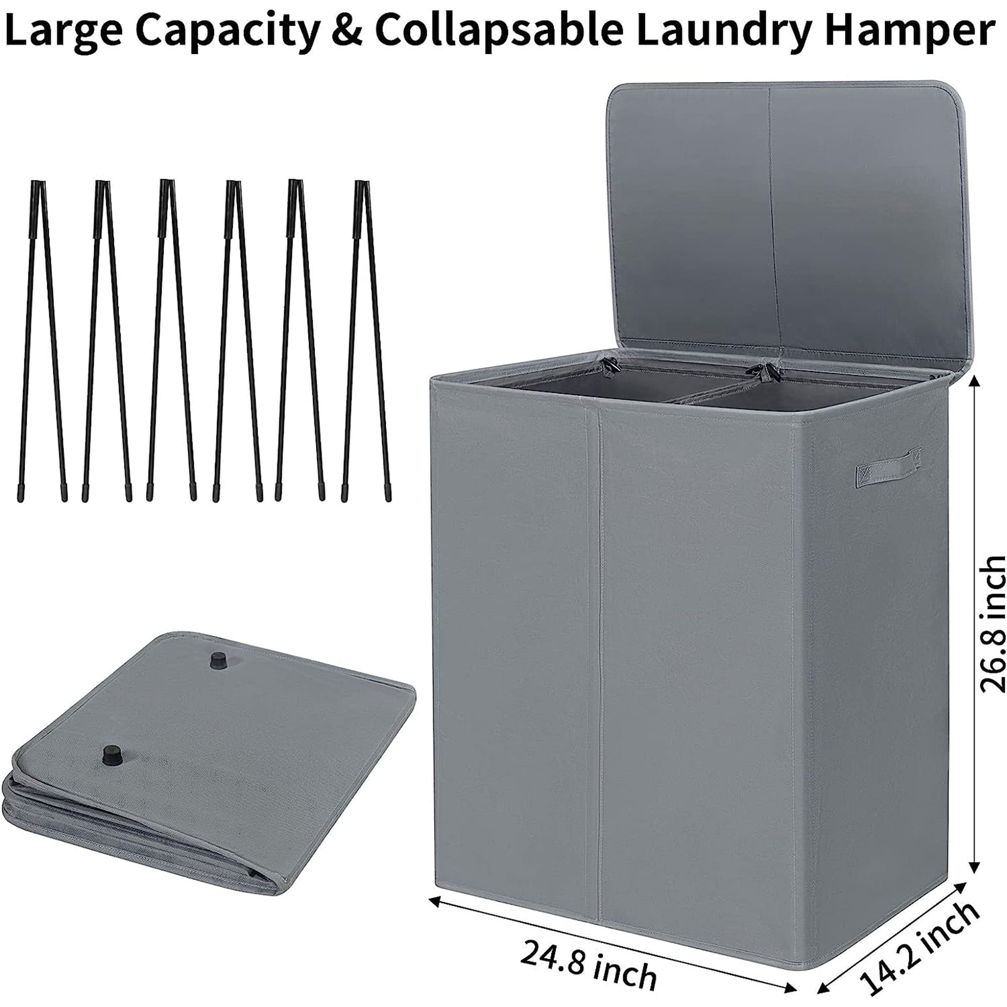 WOWLIVE 154L Fabric Double Laundry Hamper with Lid and Removable Bags, Gray - VMInnovations