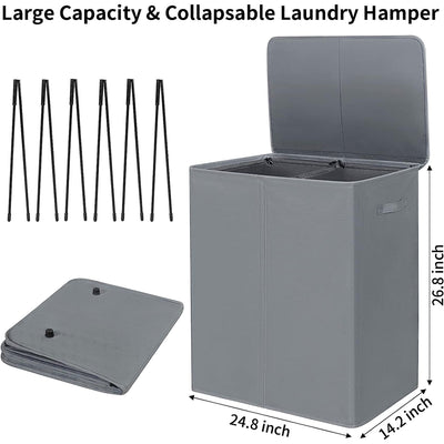 WOWLIVE 154L Fabric Double Laundry Hamper with Lid and Removable Bags, Gray - VMInnovations