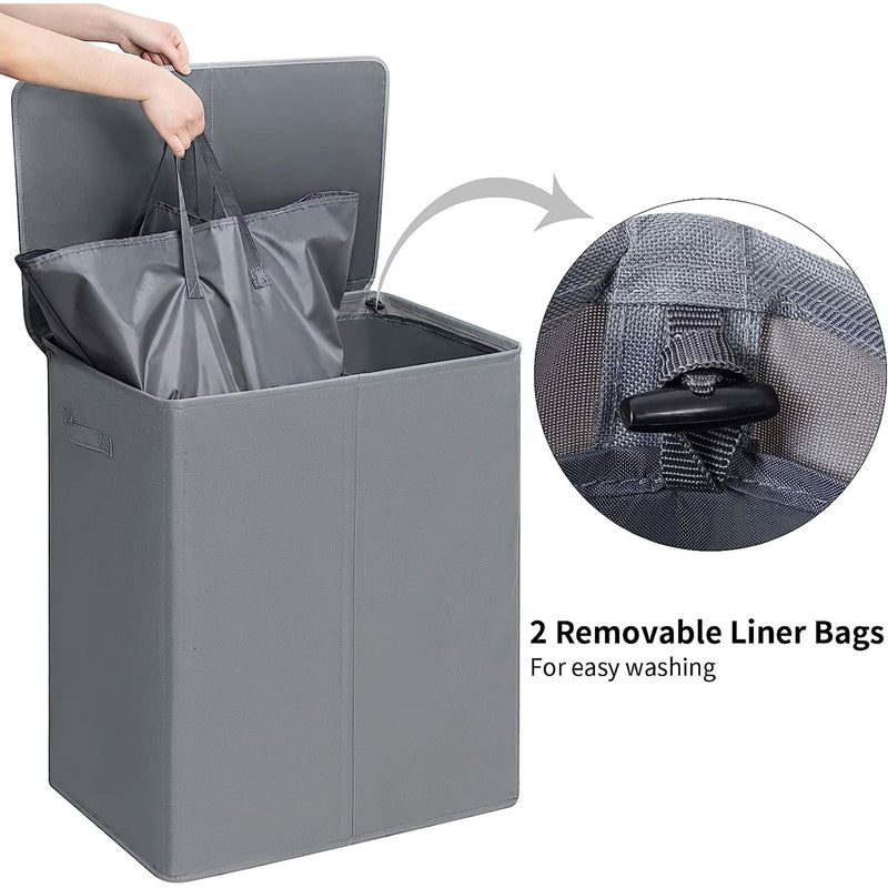 WOWLIVE 154L Fabric Double Laundry Hamper with Lid and Removable Bags, Gray