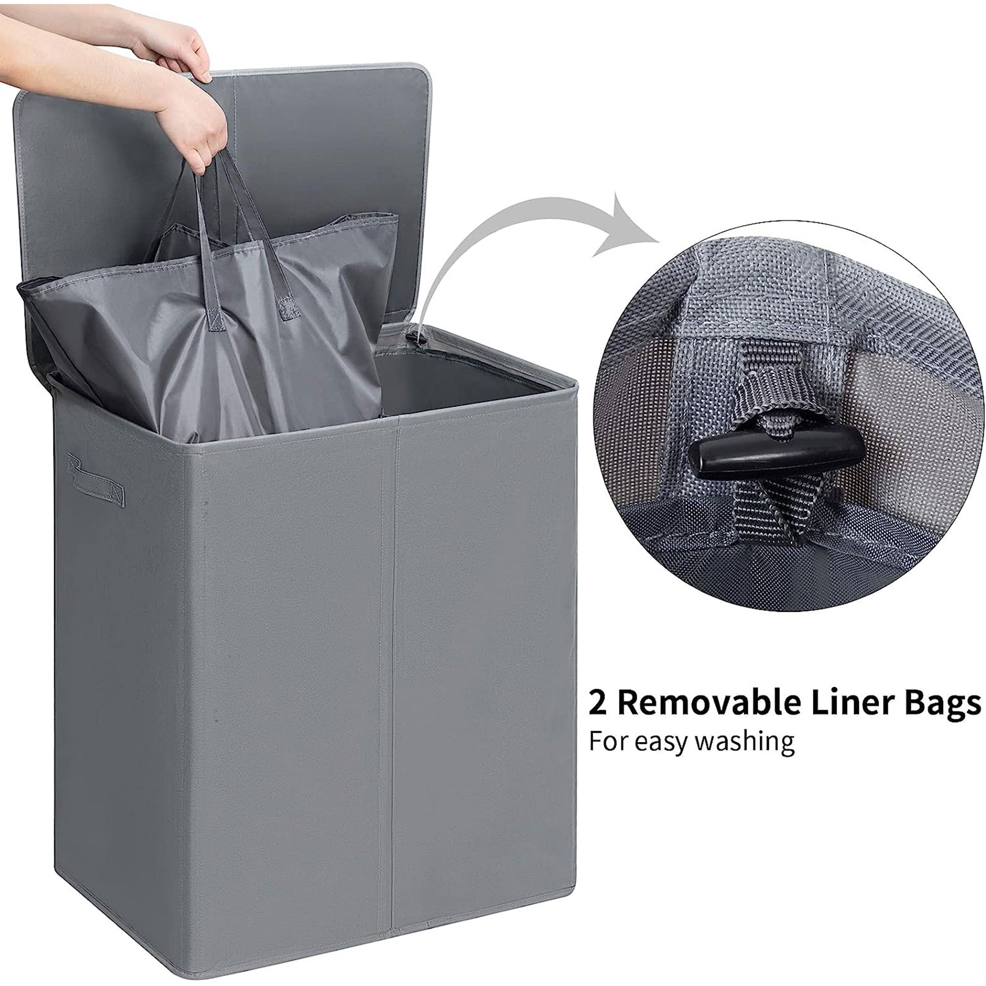 WOWLIVE 154L Fabric Double Laundry Hamper with Lid and Removable Bags, Gray - VMInnovations