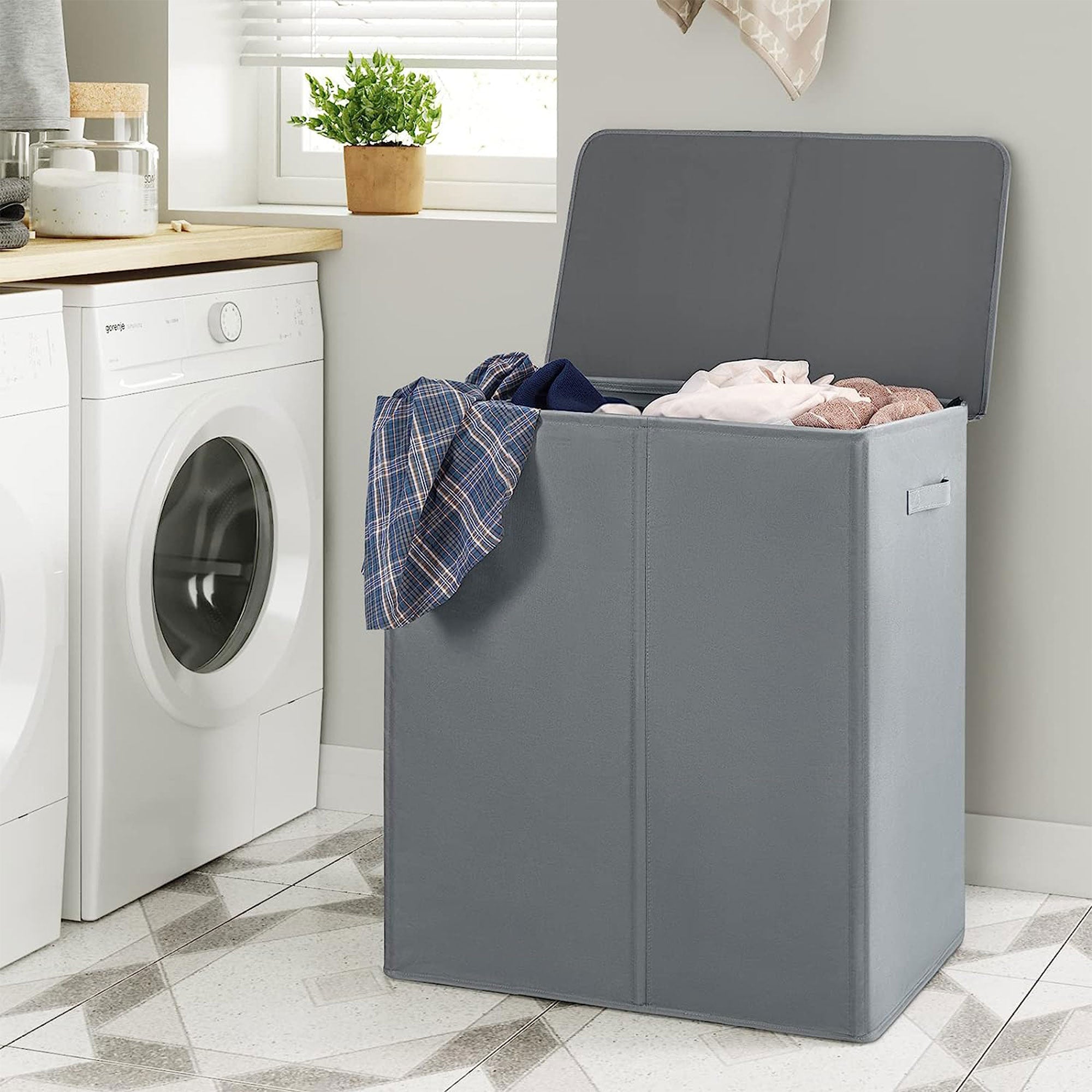 WOWLIVE 154L Fabric Double Laundry Hamper with Lid and Removable Bags, Gray - VMInnovations