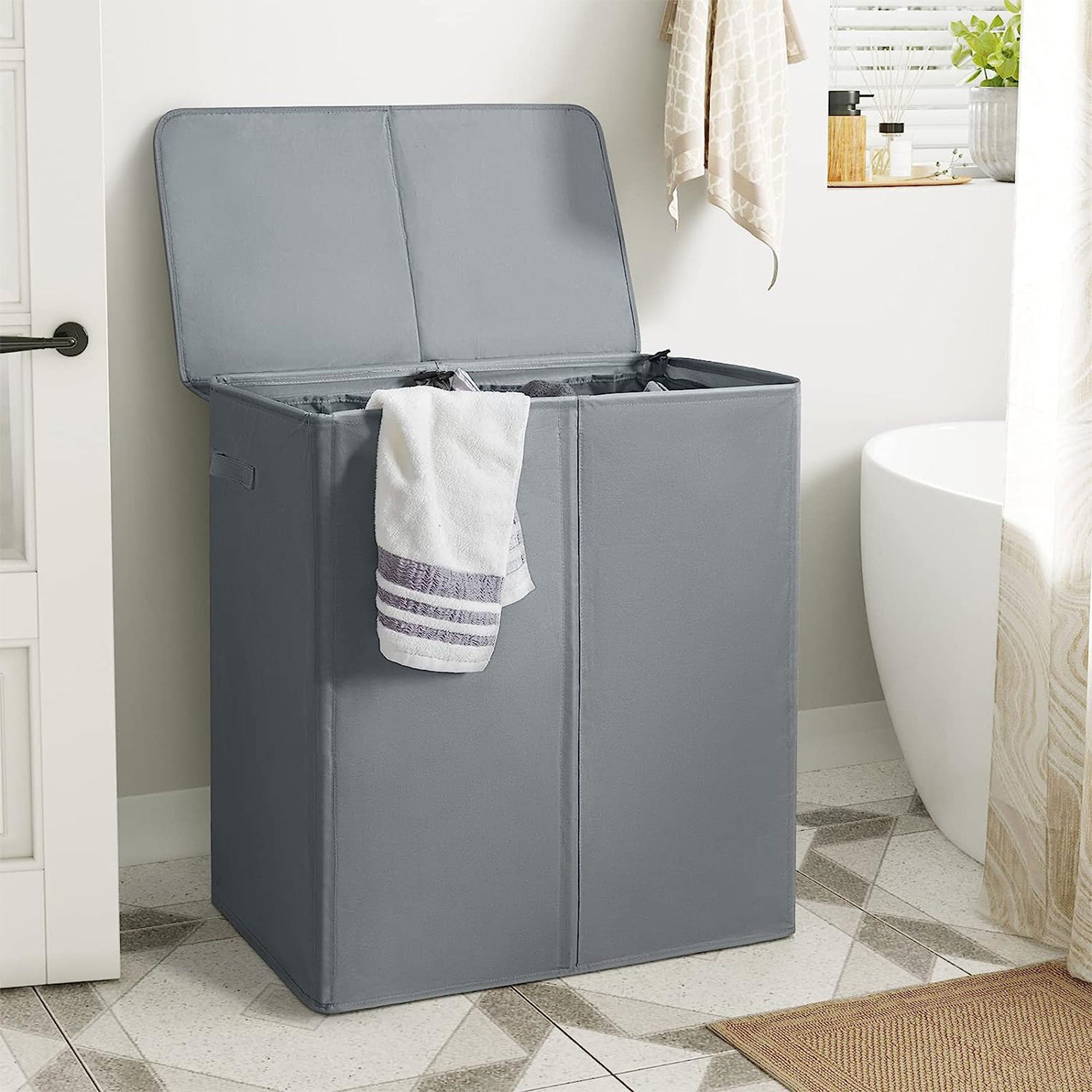 WOWLIVE 154L Fabric Double Laundry Hamper with Lid and Removable Bags, Gray - VMInnovations