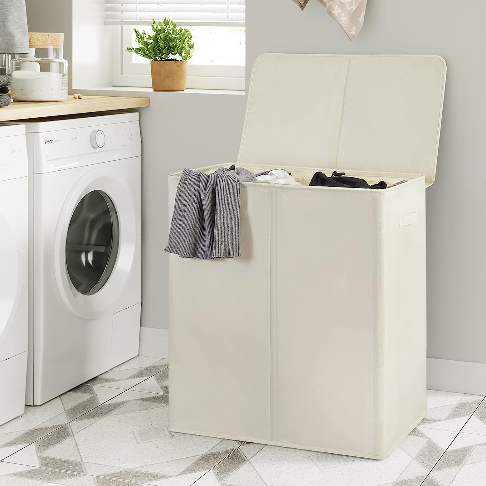 WOWLIVE 154L Double Laundry Hamper with Lid & Removable Bags, Beige (Open Box) - VMInnovations