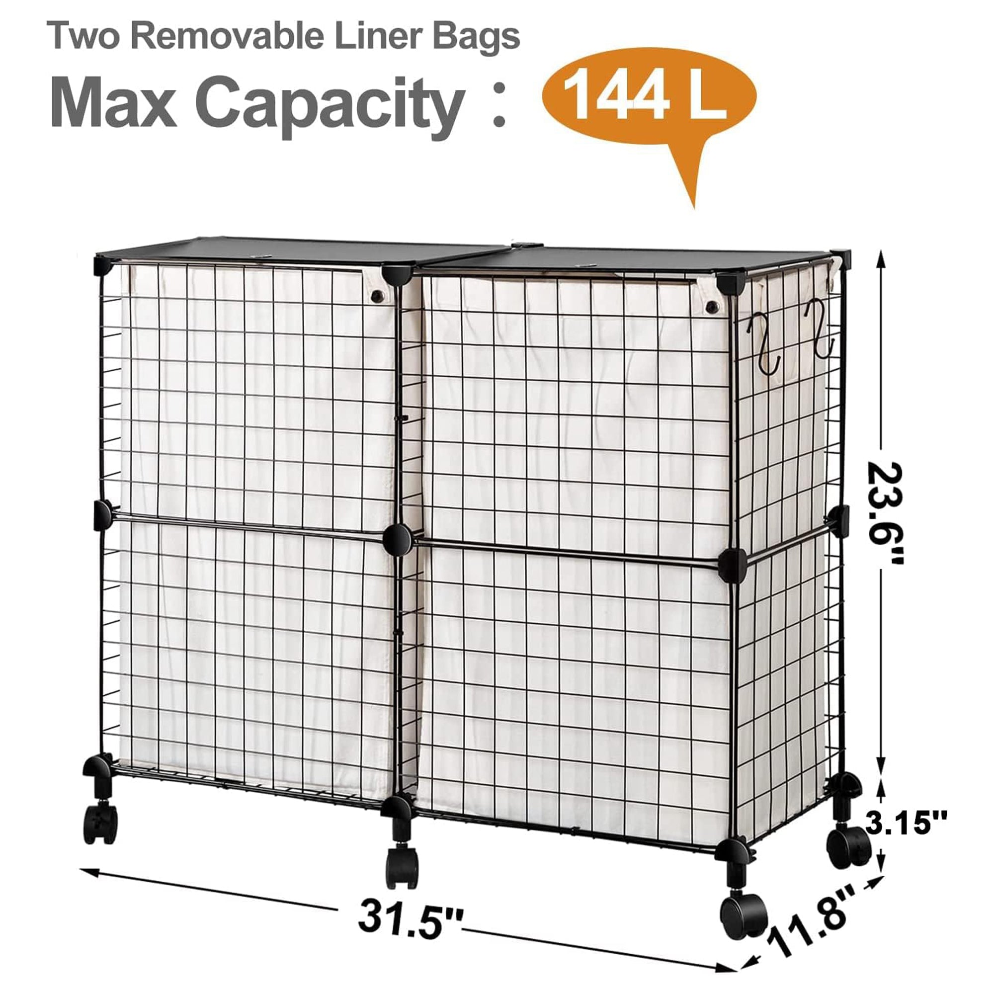 WOWLIVE Double 144L Iron Laundry Hamper w/Lid, Wheels,& Removable Bags(Open Box) - VMInnovations