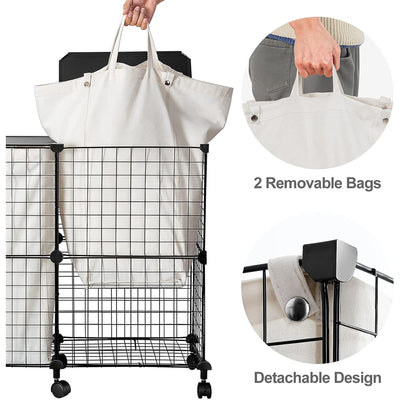 WOWLIVE Double 144L Iron Laundry Hamper w/Lid, Wheels,& Removable Bags(Open Box) - VMInnovations
