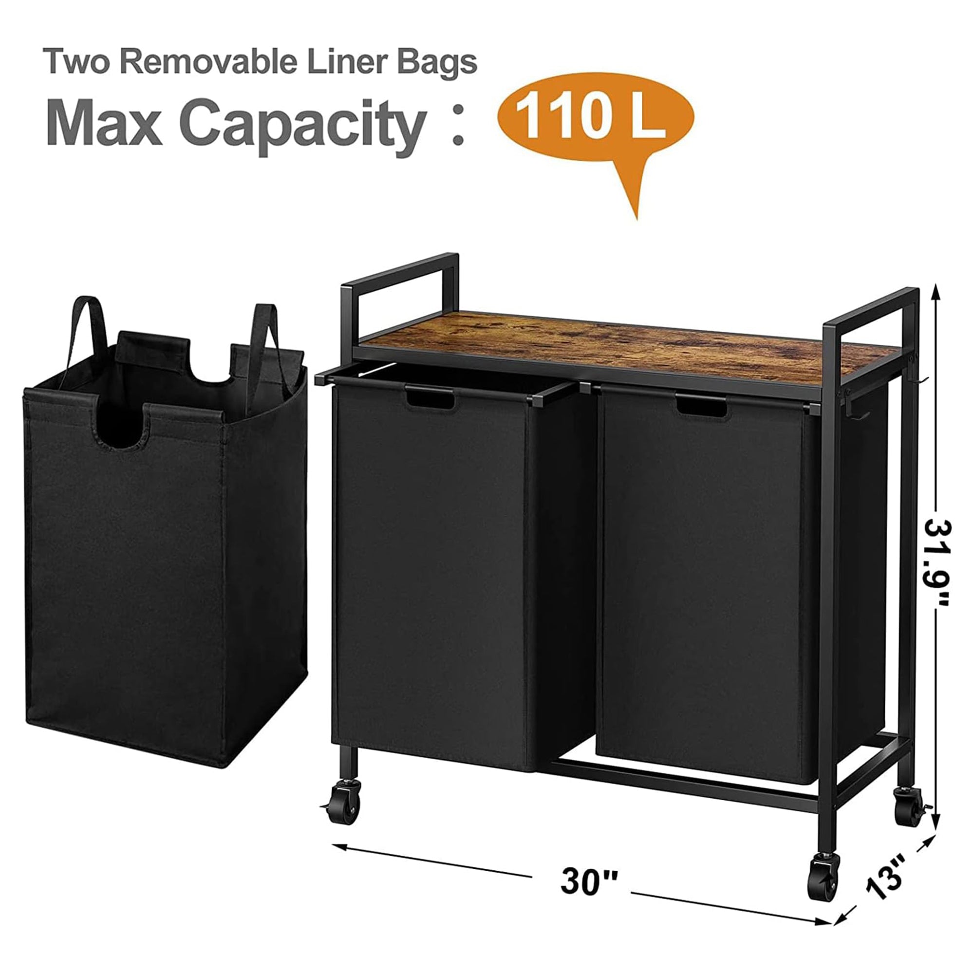 WOWLIVE Rolling 110L Double Laundry Hamper Basket Organizer w/Lid, Brown/Black - VMInnovations