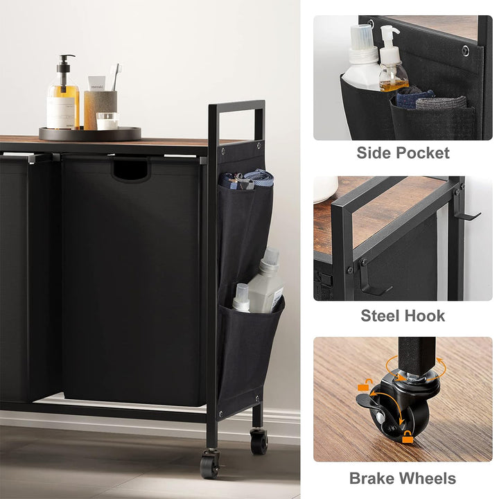 WOWLIVE Rolling 110L Double Laundry Hamper Basket w/Lid, Brown/Black (Open Box) - VMInnovations