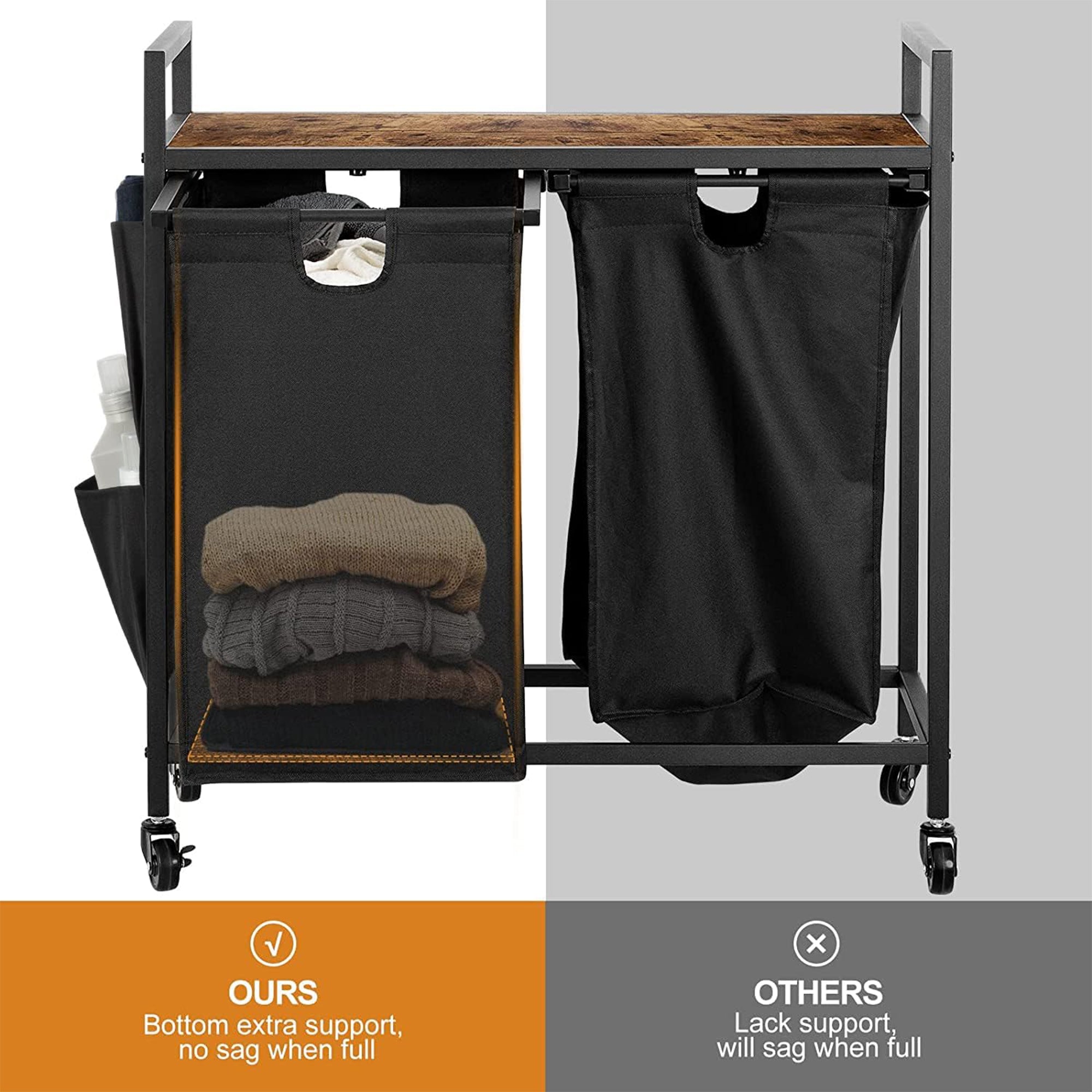 WOWLIVE Rolling 110L Double Laundry Hamper Basket Organizer w/Lid, Brown/Black - VMInnovations