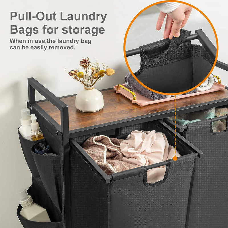 WOWLIVE Rolling 110L Double Laundry Hamper Basket Organizer w/Lid, Brown/Black