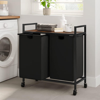 WOWLIVE Rolling 110L Double Laundry Hamper Basket Organizer w/Lid, Brown/Black - VMInnovations