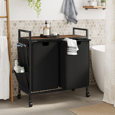 WOWLIVE Rolling 110L Double Laundry Hamper Basket Organizer w/Lid, Brown/Black - VMInnovations