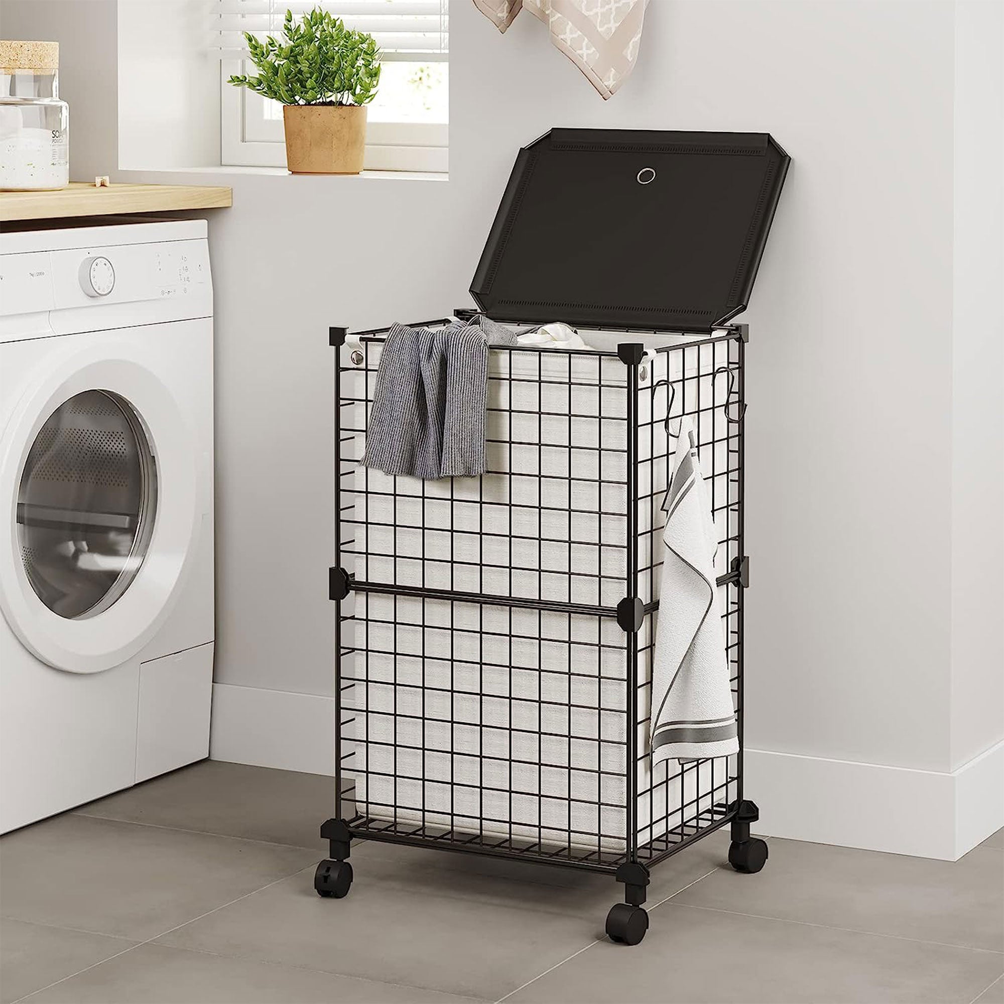 WOWLIVE Single 72L Iron Wire Laundry Hamper w/Lid, Wheels, & Removable Bag(Used) - VMInnovations