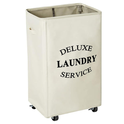 WOWLIVE 90L Foldable Rectangular Deluxe Laundry Service Rolling Basket, Beige