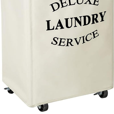WOWLIVE 90L Foldable Rectangular Deluxe Laundry Service Rolling Basket, Beige - VMInnovations
