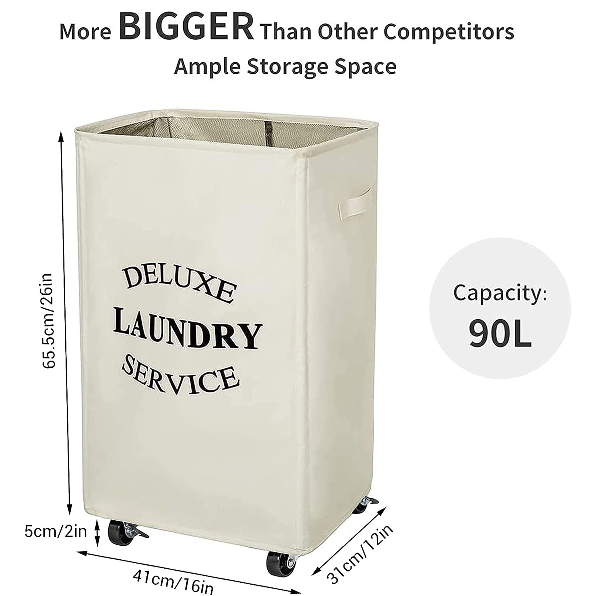WOWLIVE 90L Foldable Rectangular Deluxe Laundry Service Rolling Basket, Beige - VMInnovations