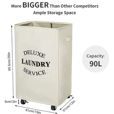 WOWLIVE 90L Foldable Rectangular Deluxe Laundry Service Rolling Basket, Beige - VMInnovations