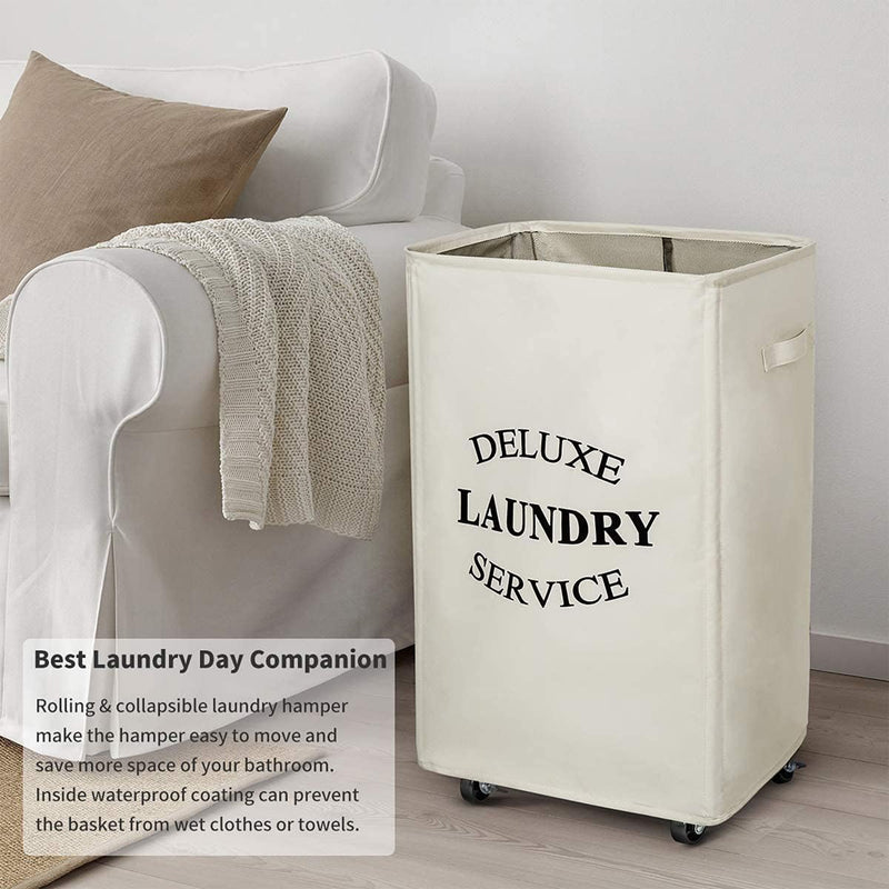 WOWLIVE 90L Foldable Rectangular Deluxe Laundry Service Rolling Basket, Beige