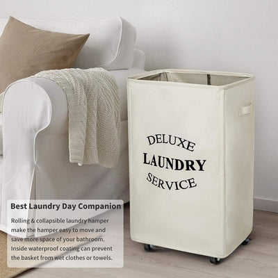 WOWLIVE 90L Foldable Rectangular Deluxe Laundry Service Rolling Basket, Beige - VMInnovations