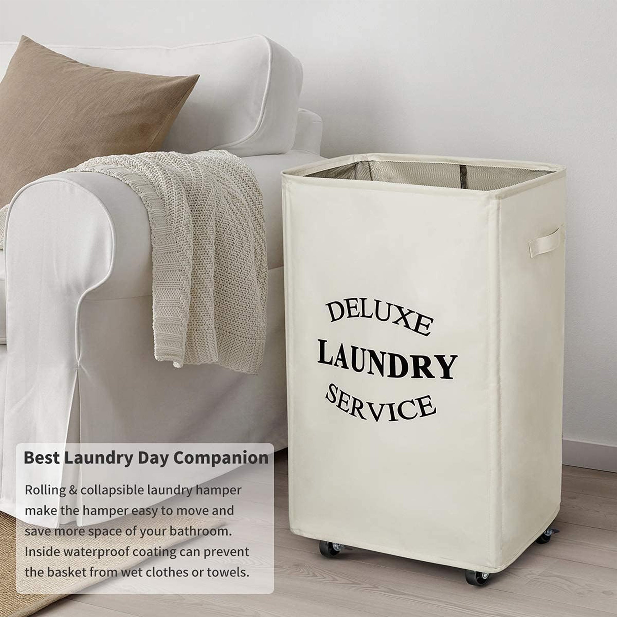 WOWLIVE 90L Foldable Rectangular Deluxe Laundry Service Rolling Basket, Beige - VMInnovations
