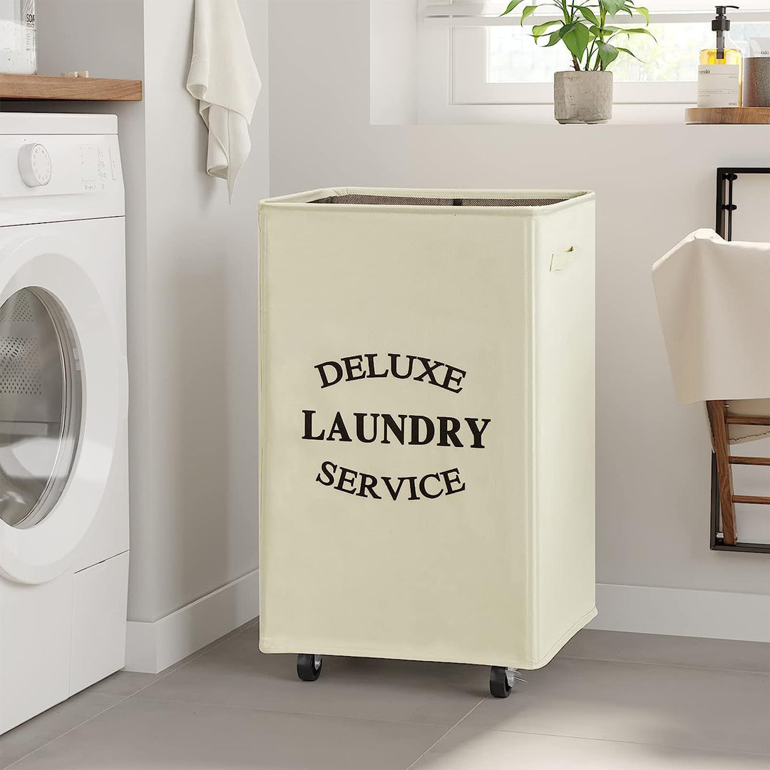 WOWLIVE 90L Foldable Rectangular Deluxe Laundry Rolling Basket, Beige (Open Box)