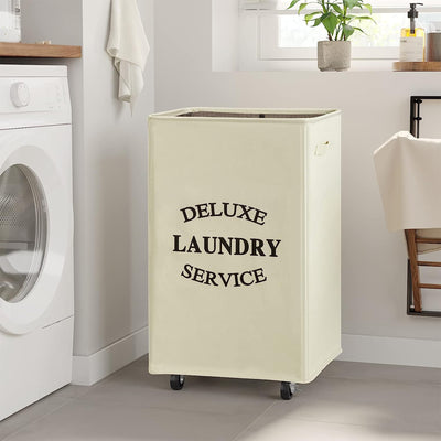 WOWLIVE 90L Foldable Rectangular Deluxe Laundry Rolling Basket, Beige (Open Box)