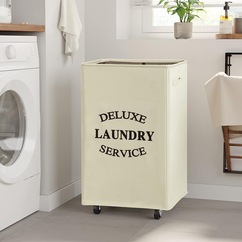 WOWLIVE 90L Foldable Rectangular Deluxe Laundry Rolling Basket, Beige (Open Box)