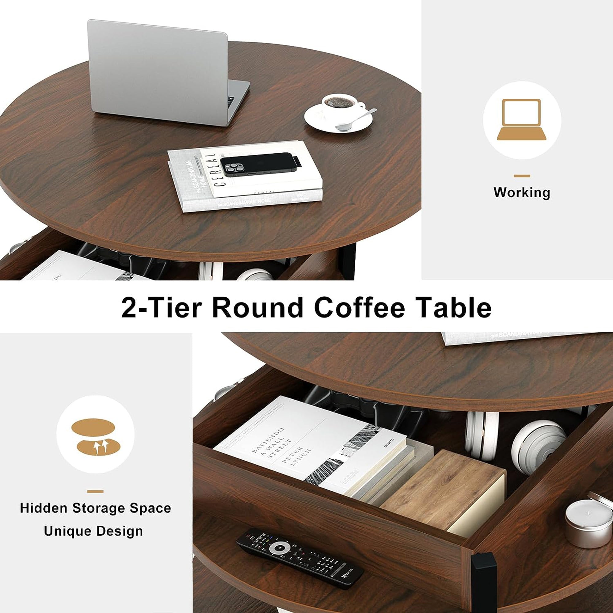 FABATO Lift Top Coffee Table w/ Storage & Hidden Compartment, Espresso(Open Box) - VMInnovations