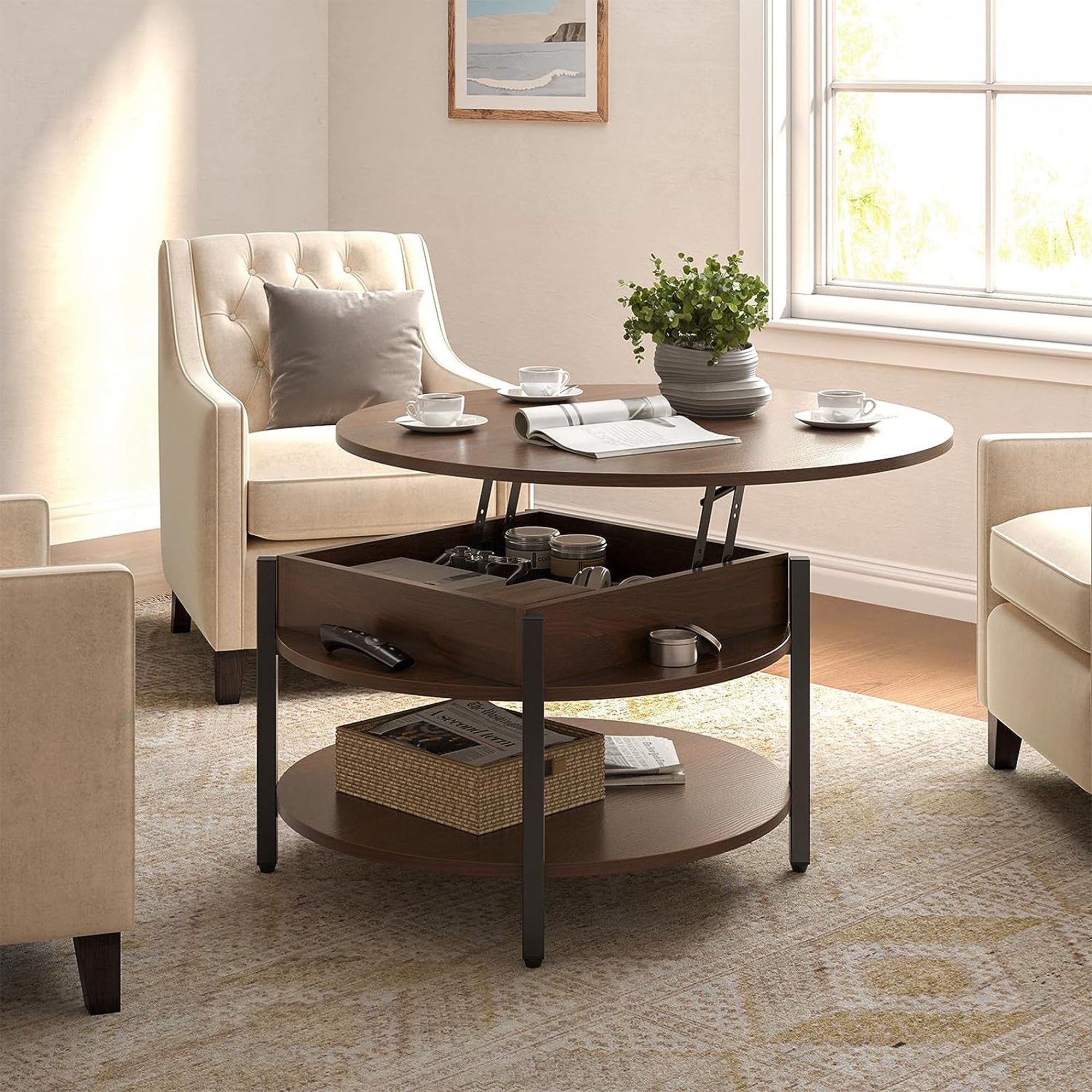 FABATO Lift Top Round Coffee Table with Storage & Hidden Compartment, Espresso - VMInnovations