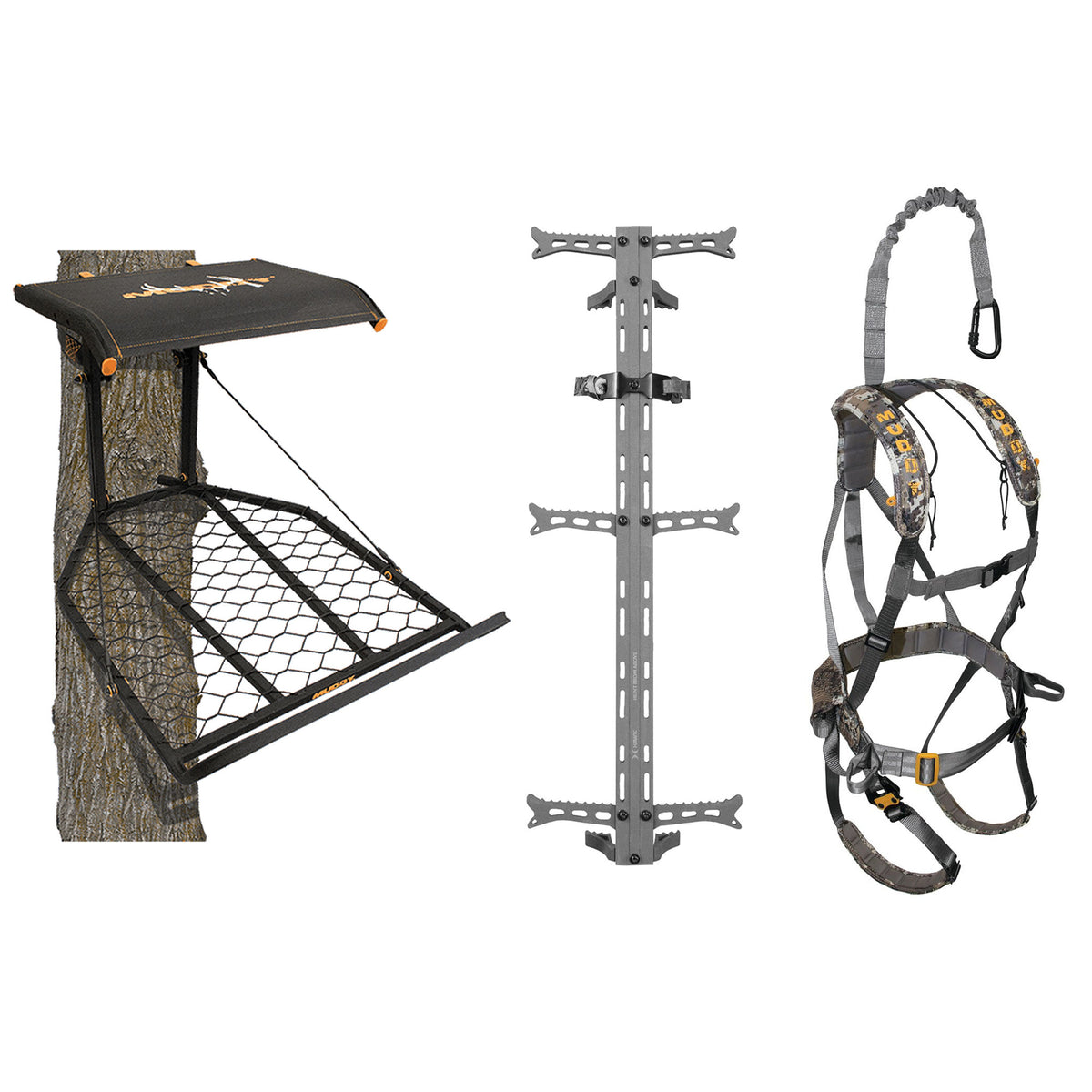 Muddy The Boss XL Tree Stand, Ambush Harness & Hawk Set of 3 Climbing Sticks - VMInnovations