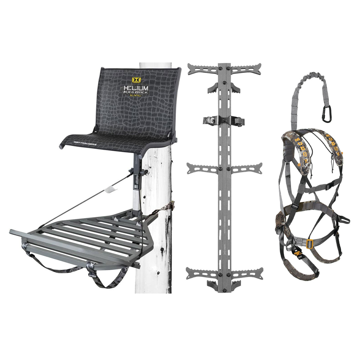 Hawk Helium Kickback Tree Stand, Set of 3 Climbing Sticks & Muddy Ambush Harness - VMInnovations
