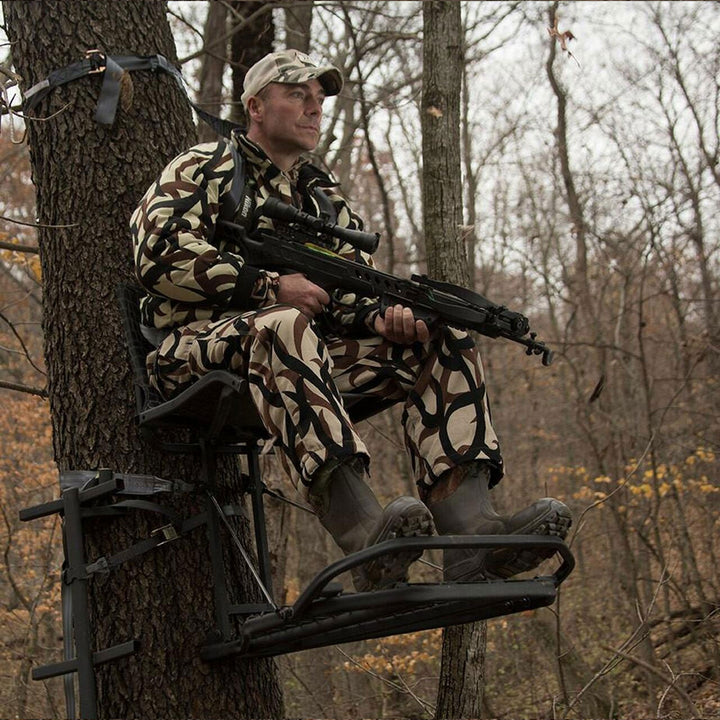 Hawk Kickback LVL Hang On Tree Stand with Footrest & Set of 3 Climbing Sticks