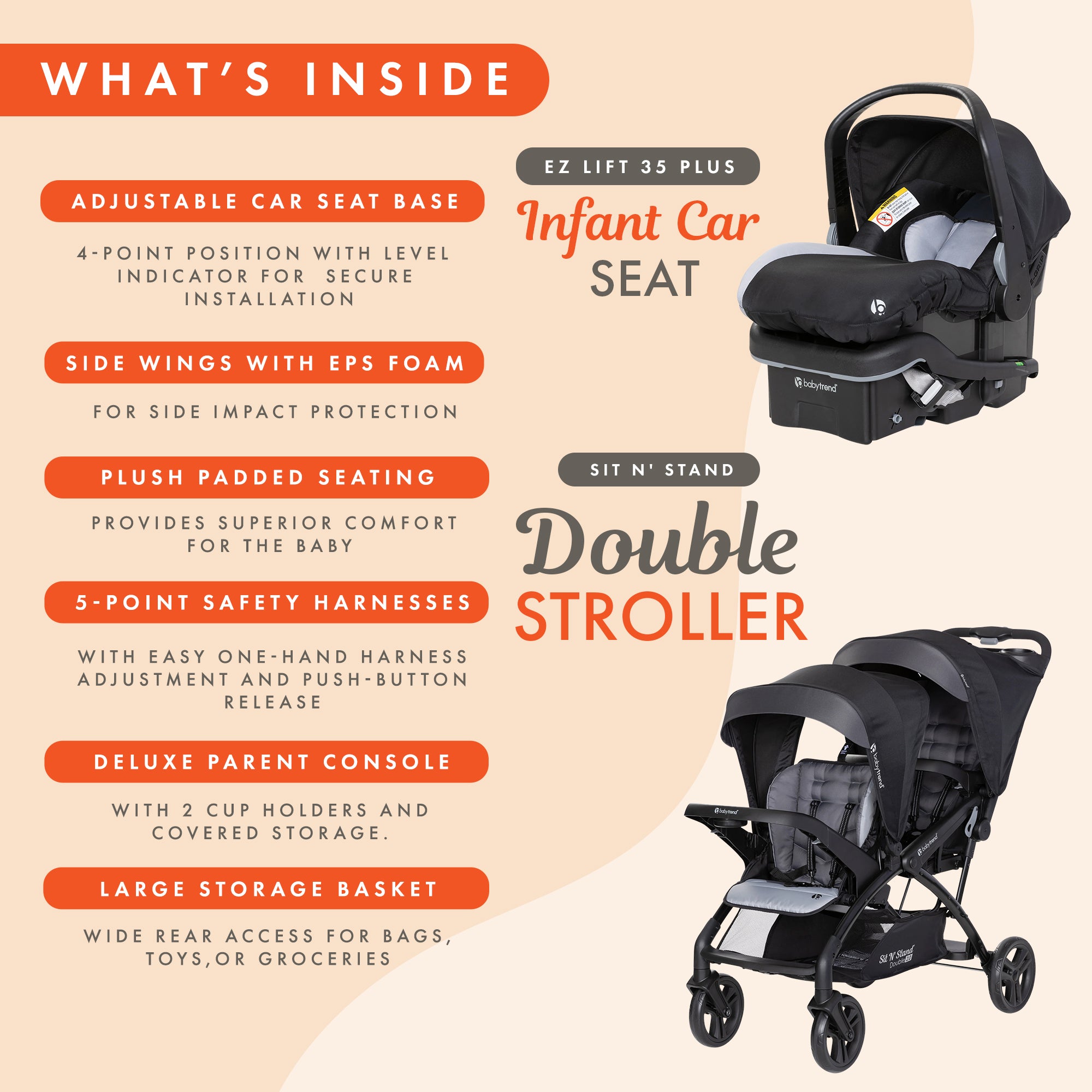 Baby Trend Sit N Stand Double Stroller with EZ-Lift Plus Infant Car Seat, Stormy - VMInnovations