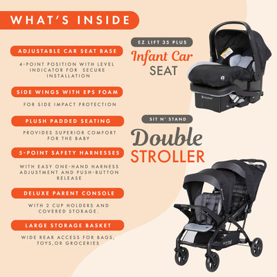 Baby Trend Sit N Stand Double Stroller with EZ-Lift Plus Infant Car Seat, Stormy - VMInnovations