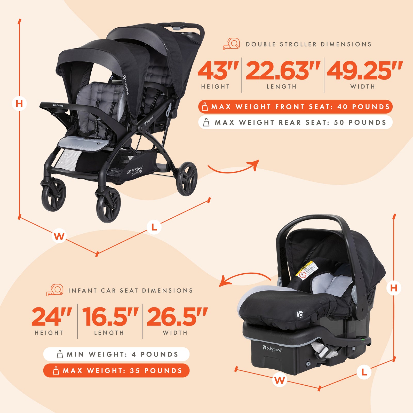 Baby Trend Sit N Stand Double Stroller with EZ-Lift Plus Infant Car Seat, Stormy - VMInnovations
