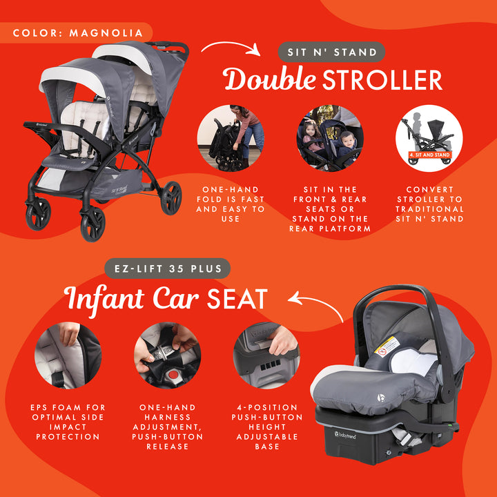 Baby Trend Sit N' Stand Double Stroller w/EZ-Lift Plus Infant Car Seat, Magnolia