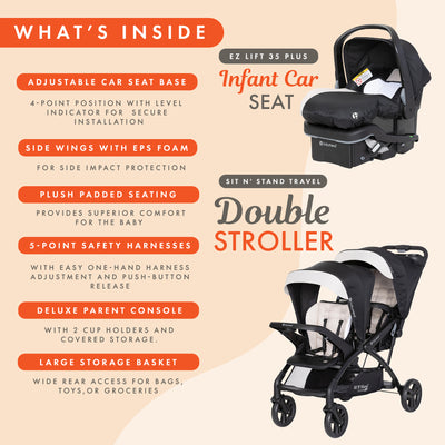 Baby Trend Sit N' Stand Double Stroller with EZ-Lift Plus Infant Car Seat, Khaki - VMInnovations