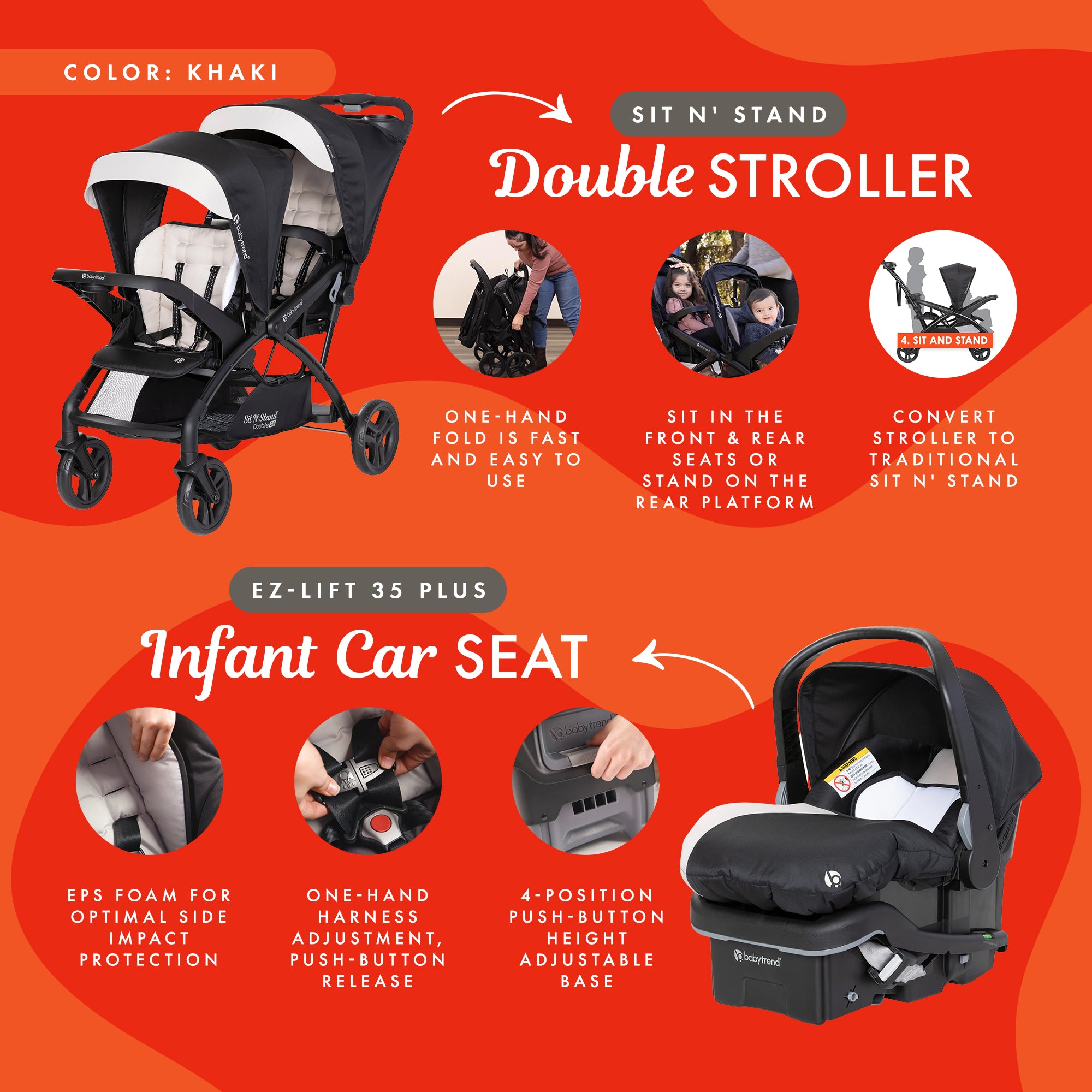 Baby Trend Sit N' Stand Double Stroller with EZ-Lift Plus Infant Car Seat, Khaki - VMInnovations