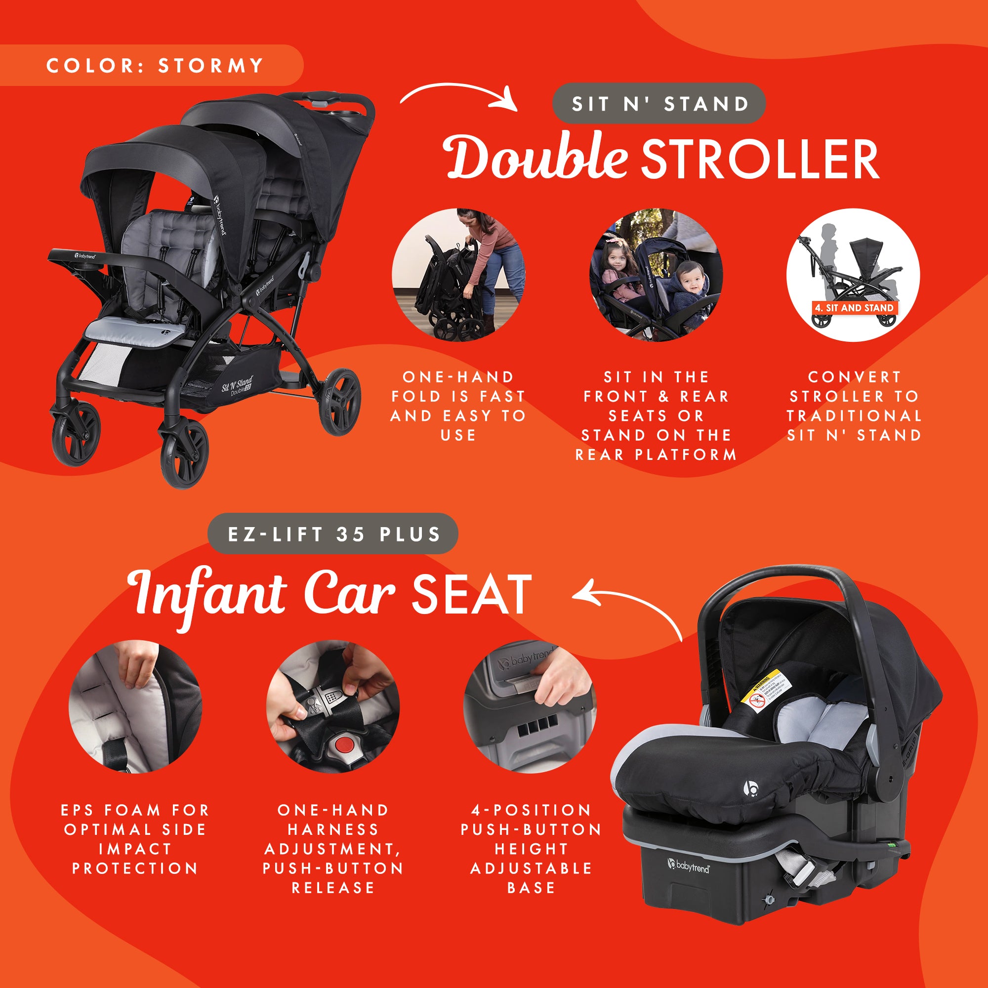 Baby Trend Sit N' Stand Double Stroller with EZ-Lift Car Seat (2 Pack), Stormy - VMInnovations