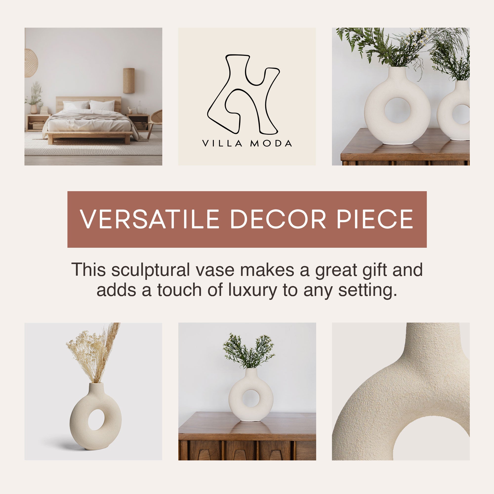 Villa Moda Oona Decorative Modern Ring Vase, Large, White - VMInnovations