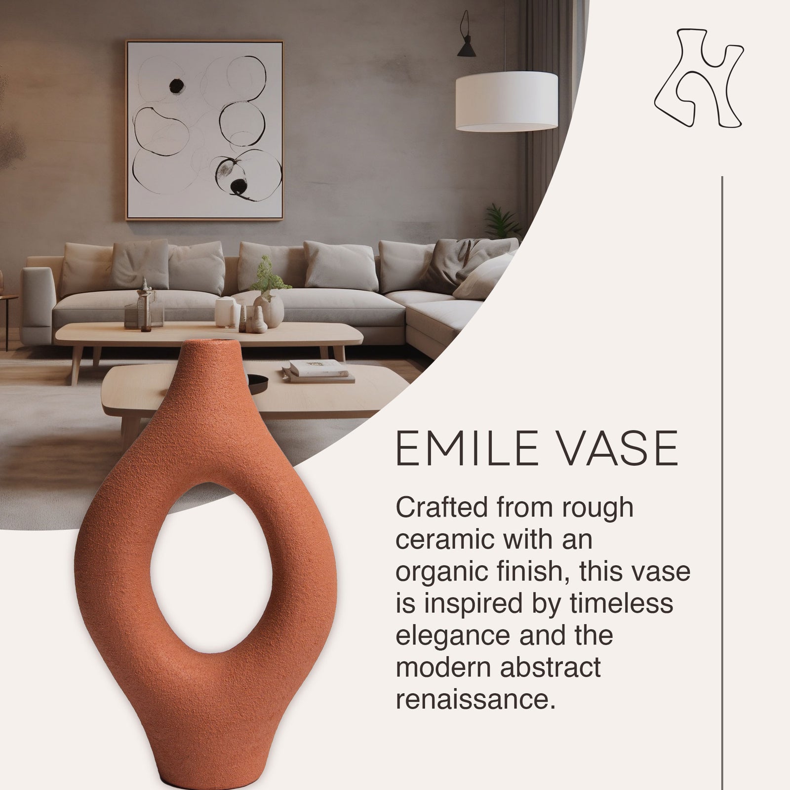Villa Moda Emile Abstract Organic Decorative Vase, Large, Terracota (Open Box) - VMInnovations